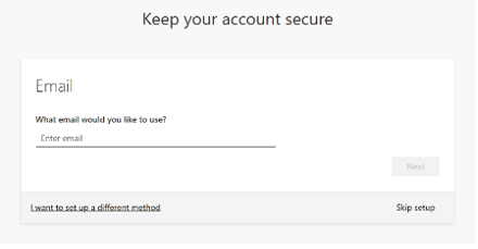 Keep your account secure - Email entry screen.