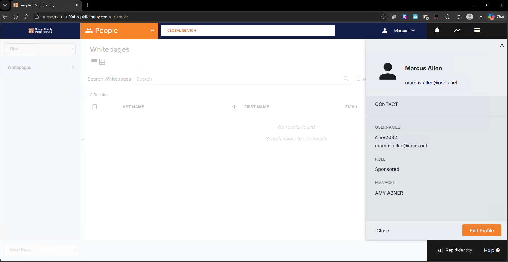 RapidIdentity profile panel showing the Edit Profile button in the lower-right corner.