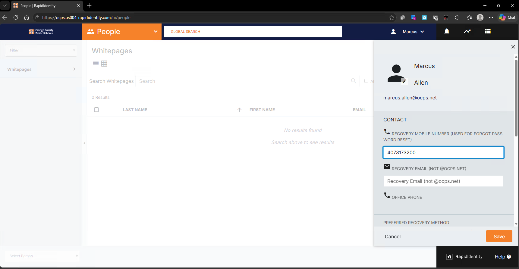 RapidIdentity Edit Profile panel showing the Recovery Mobile Number field under Contact.