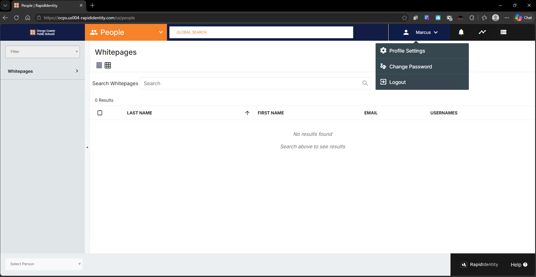 RapidIdentity user menu open in the upper-right corner, with Profile Settings as the first option.