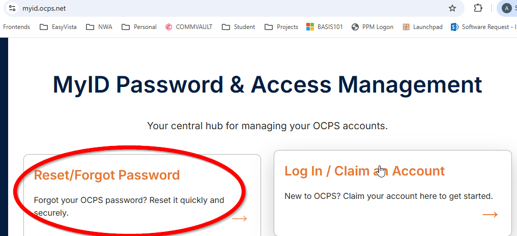 MyID Password and Access Management page with the Reset/Forgot Password option highlighted.