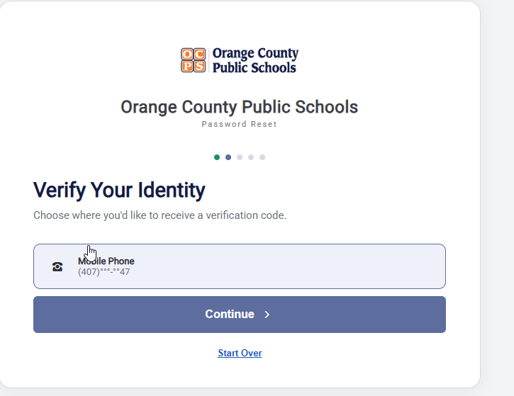 Verify Your Identity page showing a masked Mobile Phone recovery option and a Continue button.