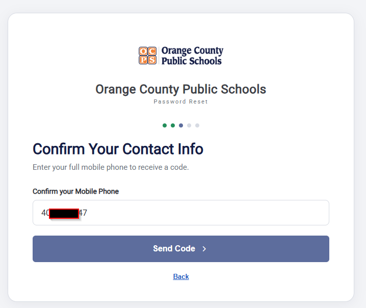 Confirm Your Contact Info page with a field for the full mobile phone number and a Send Code button.
