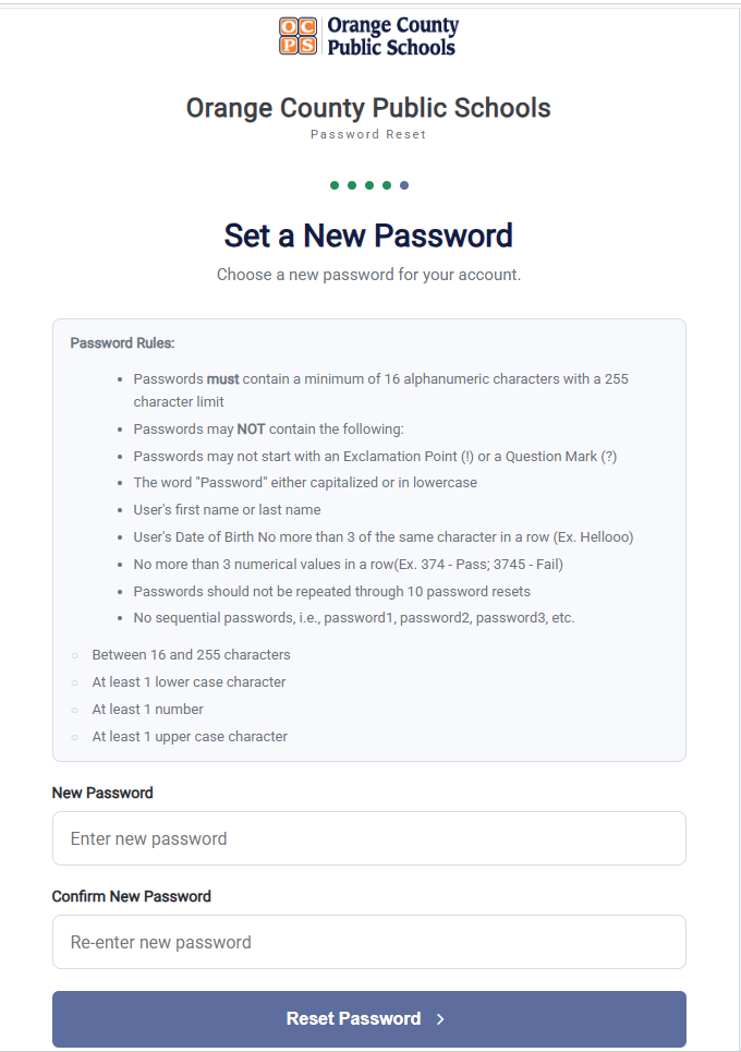 Set a New Password page showing password requirements, New Password and Confirm New Password fields, and a Reset Password button.