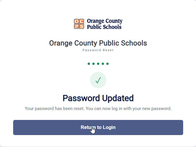 Password Updated confirmation page with a Return to Login button.
