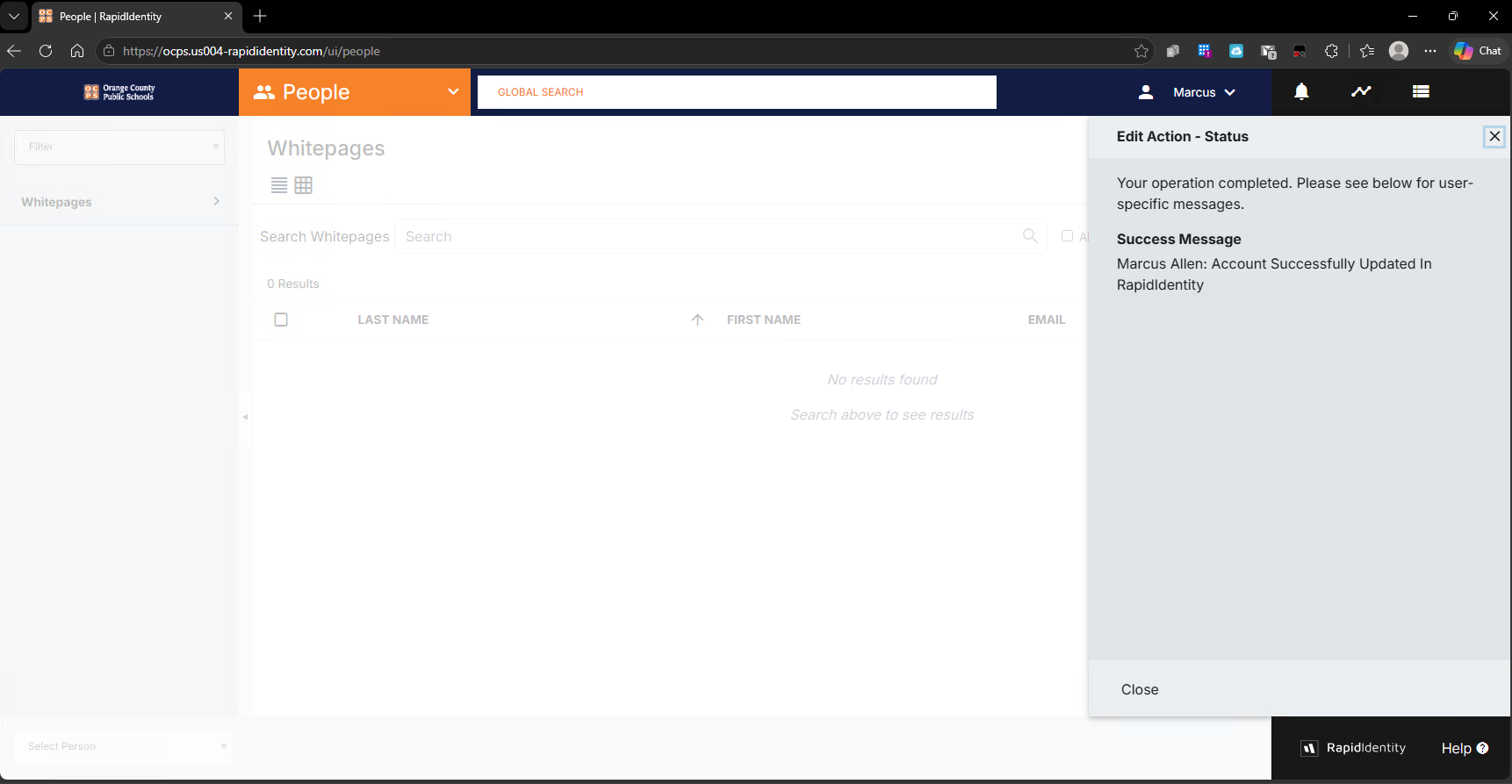 RapidIdentity status panel displaying a message that the account was successfully updated.