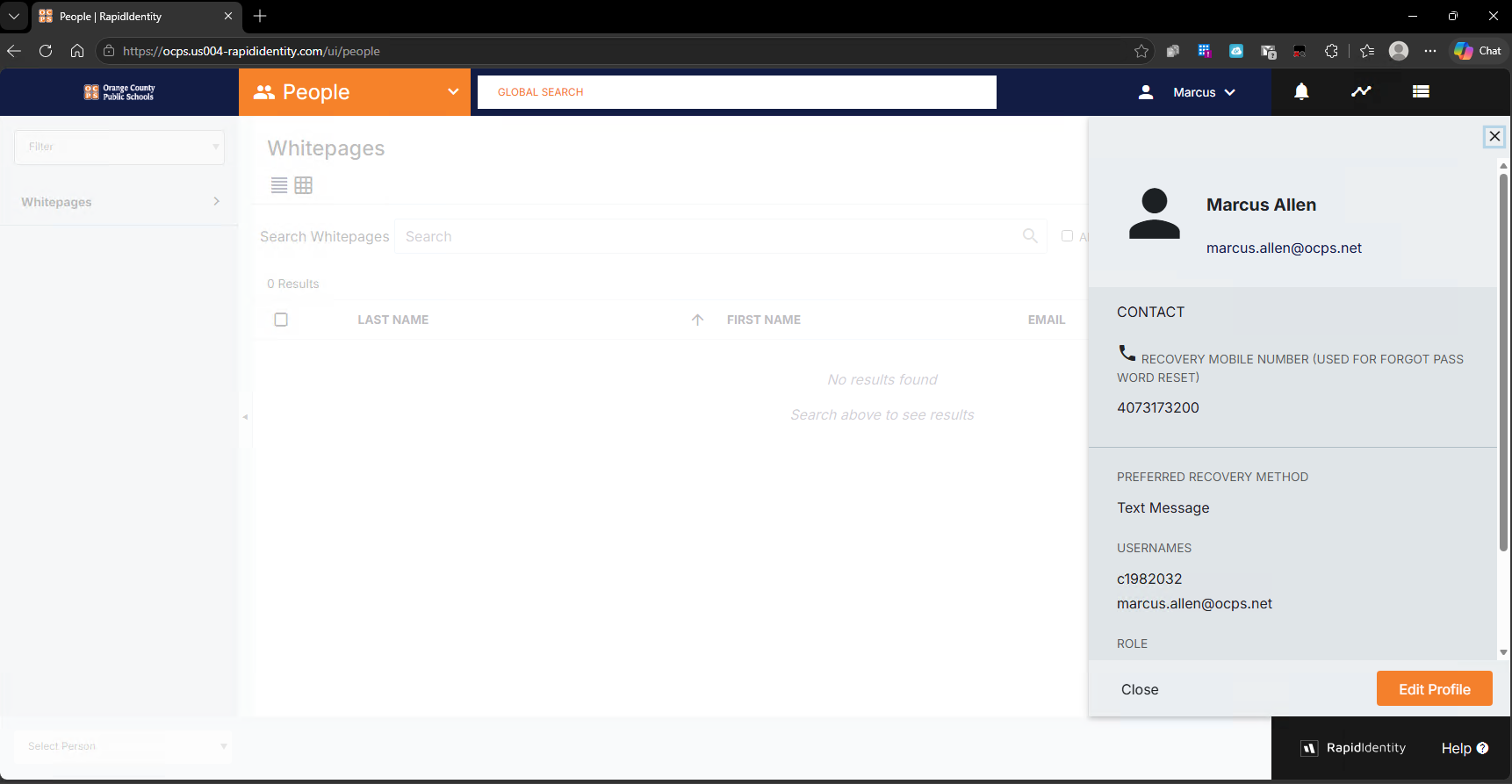 RapidIdentity profile panel showing a recovery mobile number and Text Message as the preferred recovery method.