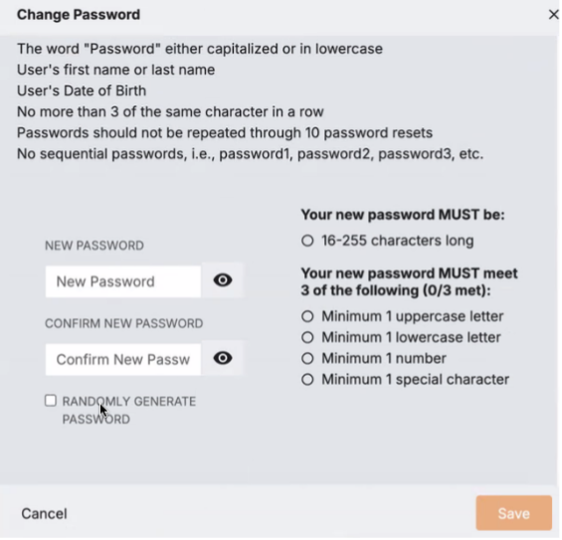 Change Password pane for assisting another user, with a 'RANDOMLY GENERATE PASSWORD' option.