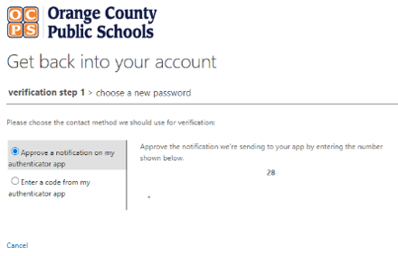 Microsoft Get back into your account page showing identity-verification options that should not be used for OCPS password resets.